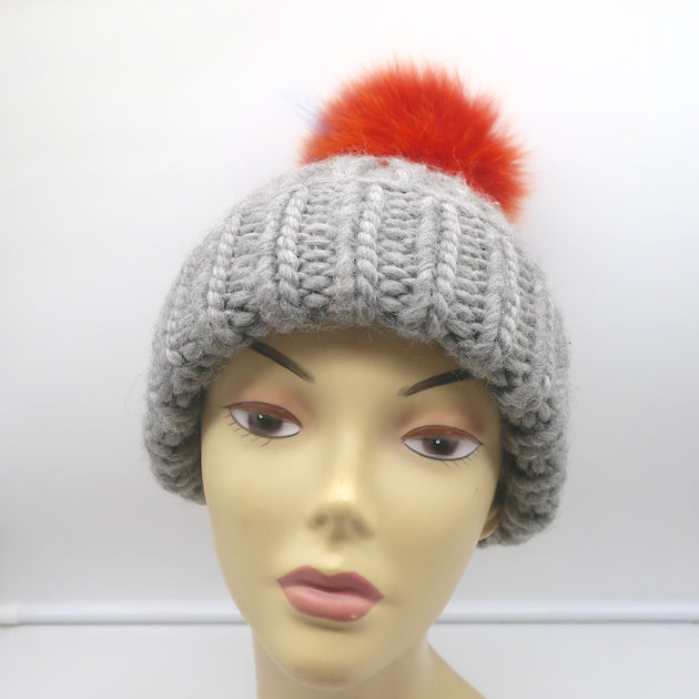 Eugenia Kim Fur Pom Pom Beanie Hat Gray Ribbed Knit 