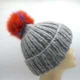 Eugenia Kim Fur Pom Pom Beanie Hat Gray Ribbed Knit