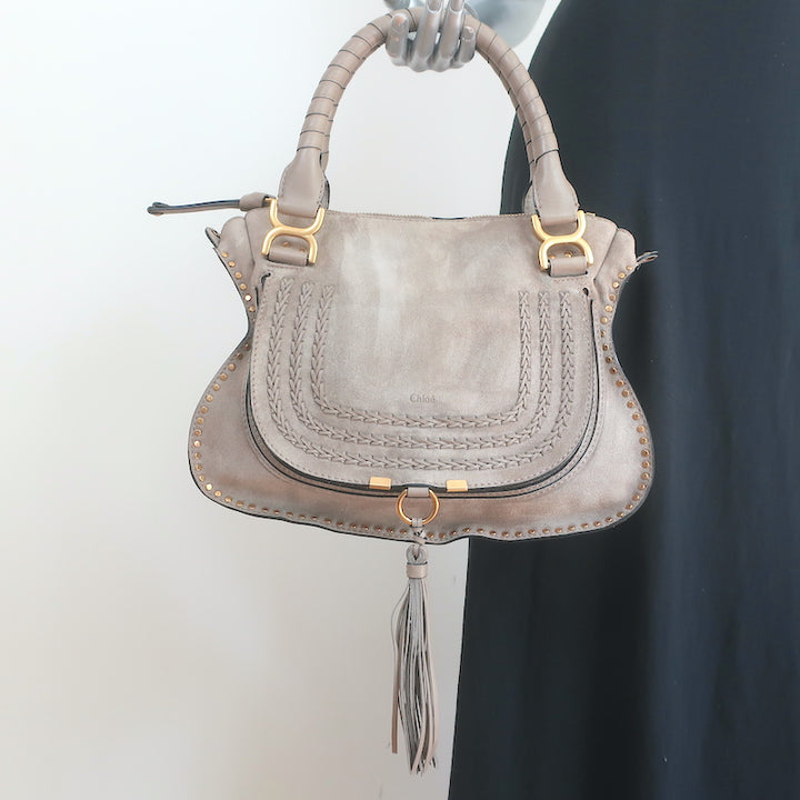 Chloe Marcie Medium Shoulder Bag Taupe Studded Suede Crossbody