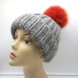 Eugenia Kim Fur Pom Pom Beanie Hat Gray Ribbed Knit