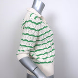 Sandro Short Sleeve Polo Sweater Lilio Ecru/Green Striped Pointelle Knit Size 3