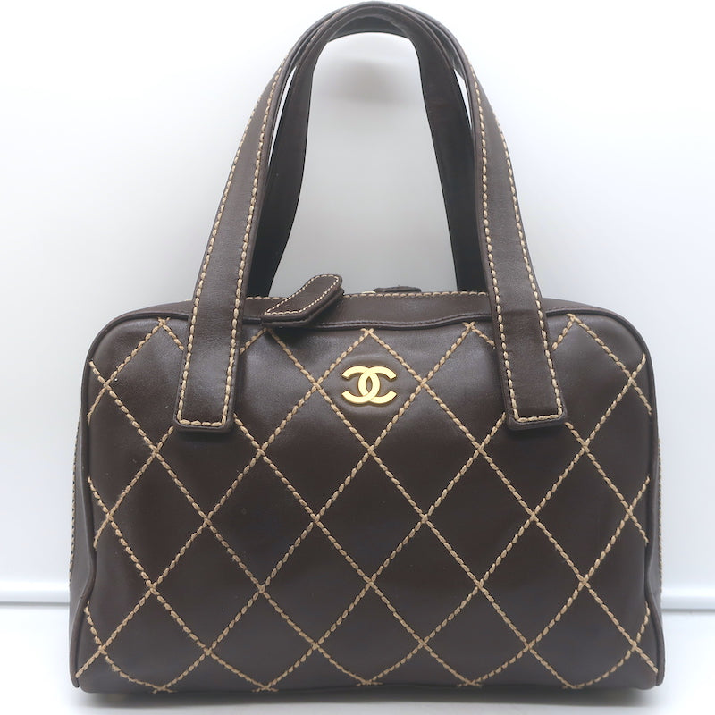 Chanel 2003 Surpique Wild Stitch Quilted Small Tote Bag Dark Brown Leather