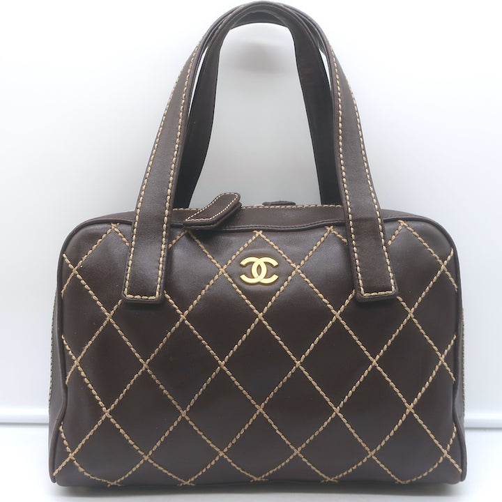 Chanel 2003 Surpique Wild Stitch Quilted Small Tote Bag Dark Brown Leather