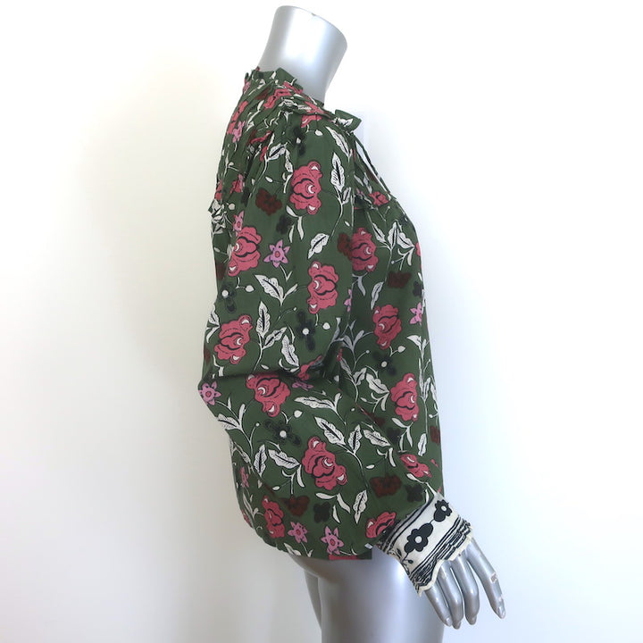 Cleobella Leni Tie-Neck Blouse Dark Green Fiore Print Cotton Size Large NEW