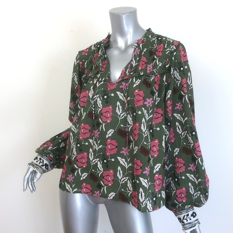 Cleobella Leni Tie-Neck Blouse Dark Green Fiore Print Cotton Size Large NEW
