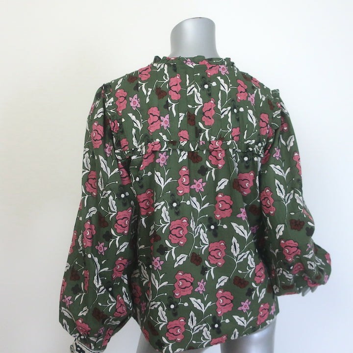 Cleobella Leni Tie-Neck Blouse Dark Green Fiore Print Cotton Size Large NEW