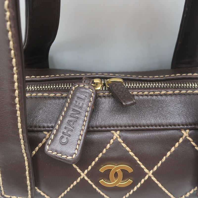 Chanel 2003 Surpique Wild Stitch Quilted Small Tote Bag Dark Brown Leather