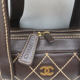Chanel 2003 Surpique Wild Stitch Quilted Small Tote Bag Dark Brown Leather
