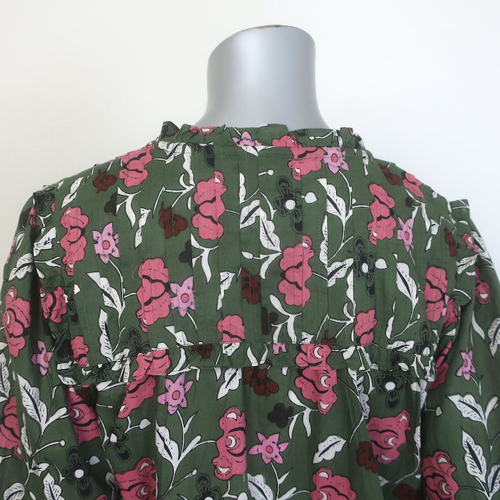 Cleobella Leni Tie-Neck Blouse Dark Green Fiore Print Cotton Size Large NEW