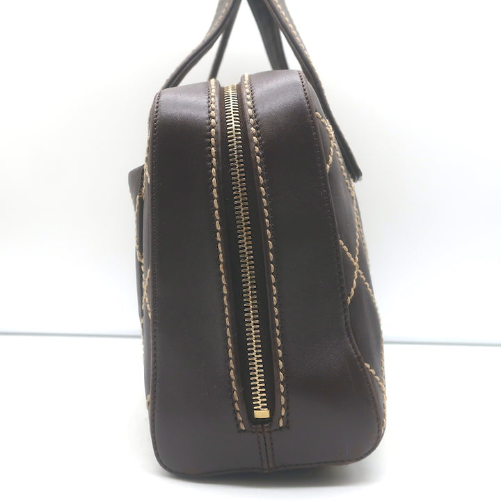 Chanel 2003 Surpique Wild Stitch Quilted Small Tote Bag Dark Brown Leather