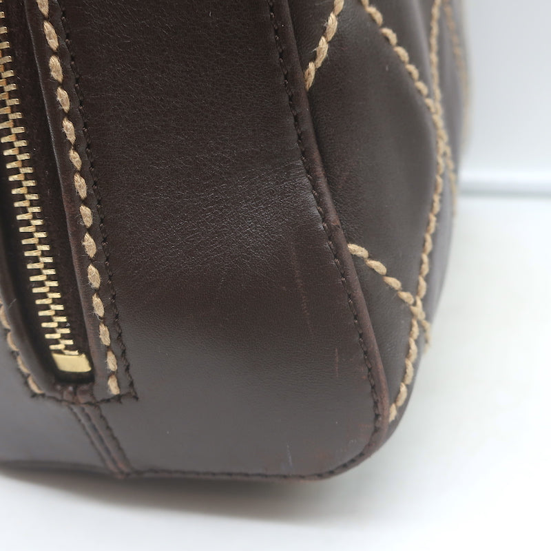 Chanel 2003 Surpique Wild Stitch Quilted Small Tote Bag Dark Brown Leather