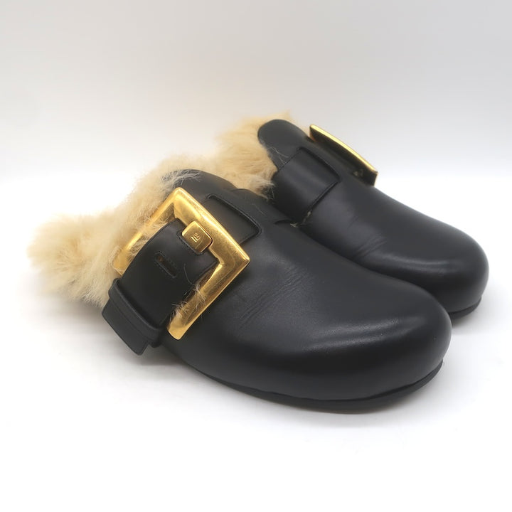 Balmain Anthem Faux Fur-Lined Buckle Mules Black Leather Size 40 NEW