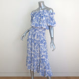MISA Paola Off the Shoulder Midi Dress Blue Crush Toile Print Size Extra Small