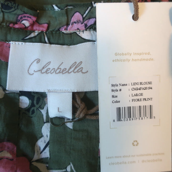 Cleobella Leni Tie-Neck Blouse Dark Green Fiore Print Cotton Size Large NEW