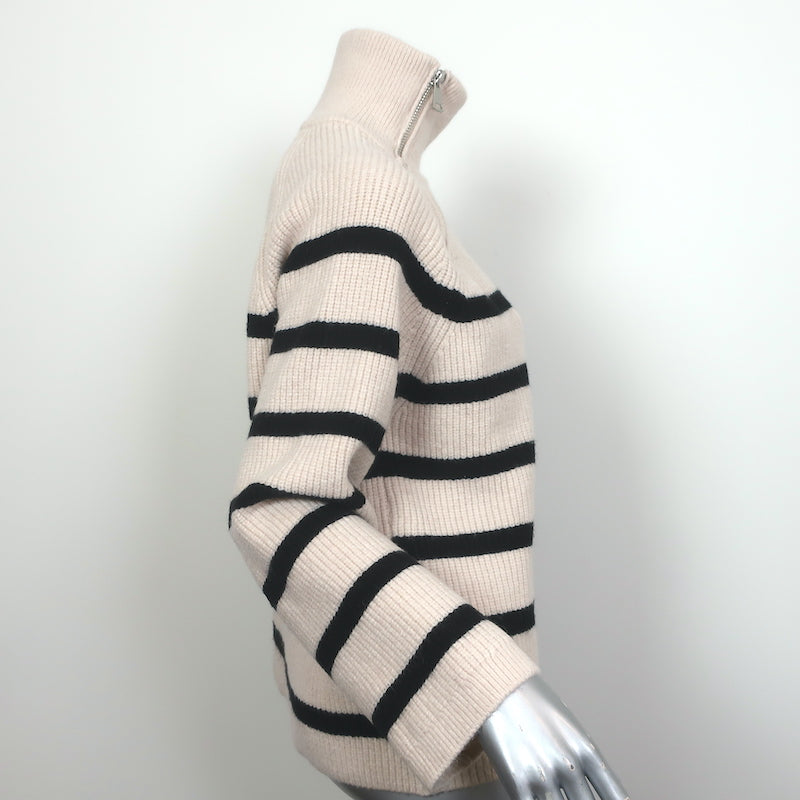Zara Zip Turtleneck Sweater Ecru/Black Striped Knit Size Small