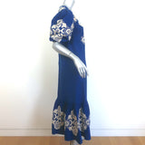 SEA Manuela Embroidered Midi Dress Blue Cotton-Linen Size Extra Small