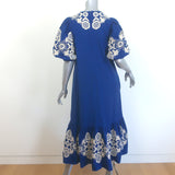 SEA Manuela Embroidered Midi Dress Blue Cotton-Linen Size Extra Small