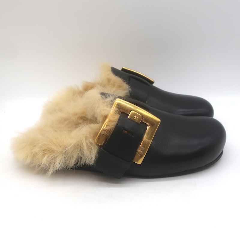 Balmain Anthem Faux Fur-Lined Buckle Mules Black Leather Size 40 NEW