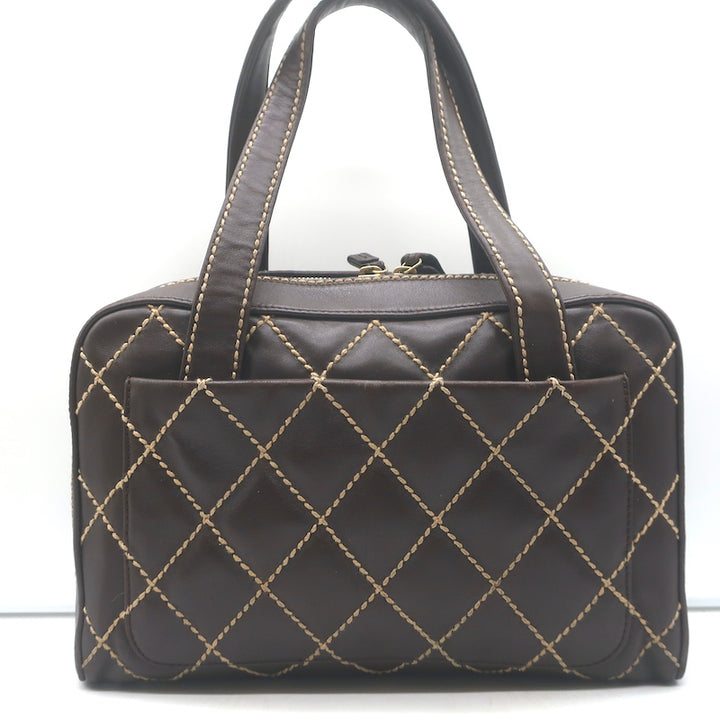 Chanel 2003 Surpique Wild Stitch Quilted Small Tote Bag Dark Brown Leather