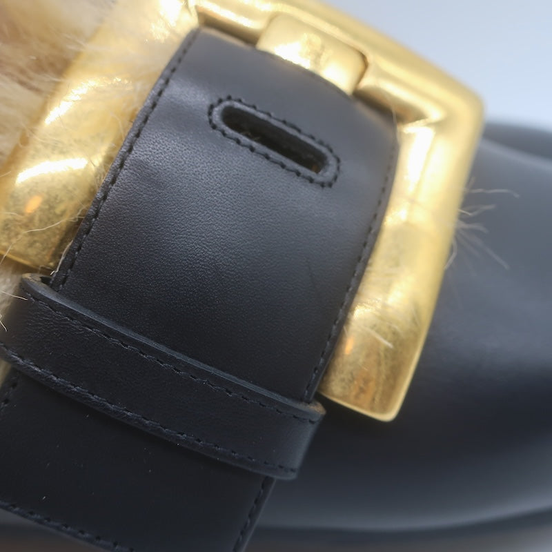 Balmain Anthem Faux Fur-Lined Buckle Mules Black Leather Size 40 NEW