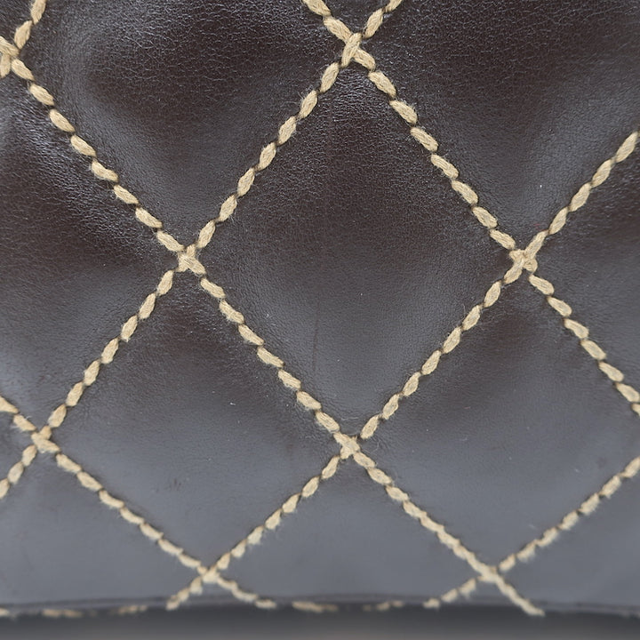 Chanel 2003 Surpique Wild Stitch Quilted Small Tote Bag Dark Brown Leather
