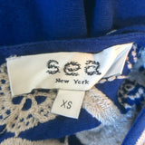 SEA Manuela Embroidered Midi Dress Blue Cotton-Linen Size Extra Small