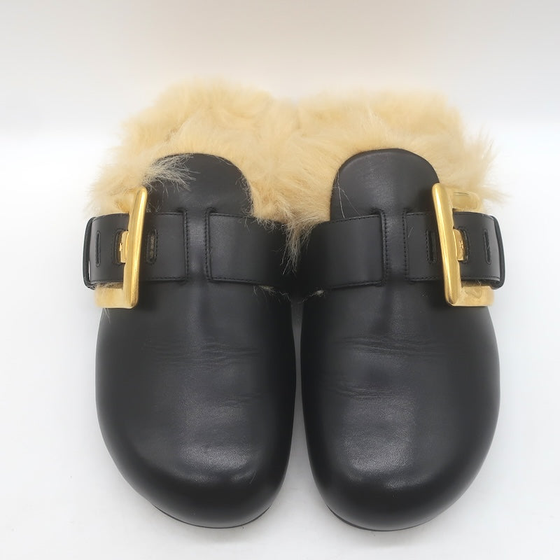 Balmain Anthem Faux Fur-Lined Buckle Mules Black Leather Size 40 NEW