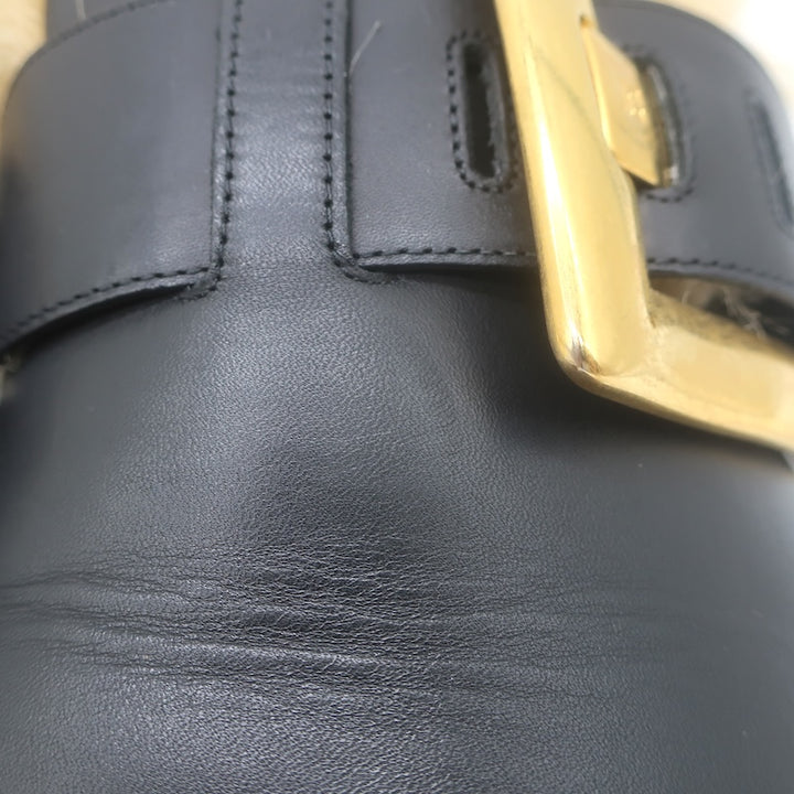 Balmain Anthem Faux Fur-Lined Buckle Mules Black Leather Size 40 NEW