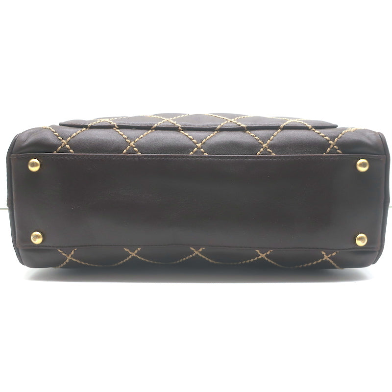 Chanel 2003 Surpique Wild Stitch Quilted Small Tote Bag Dark Brown Leather