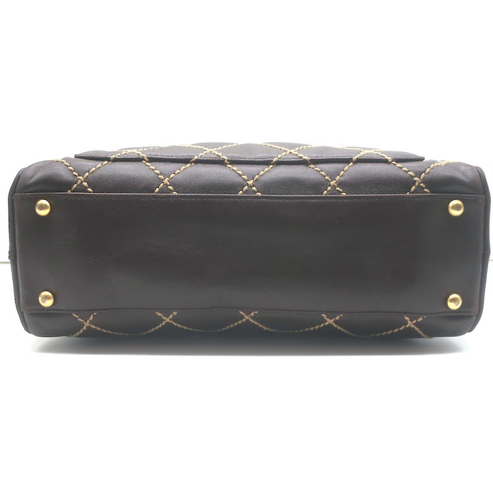 Chanel 2003 Surpique Wild Stitch Quilted Small Tote Bag Dark Brown Leather