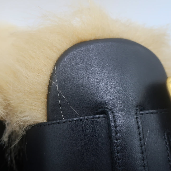 Balmain Anthem Faux Fur-Lined Buckle Mules Black Leather Size 40 NEW