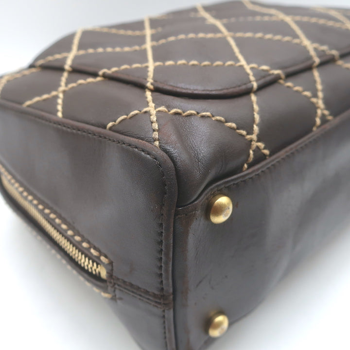 Chanel 2003 Surpique Wild Stitch Quilted Small Tote Bag Dark Brown Leather