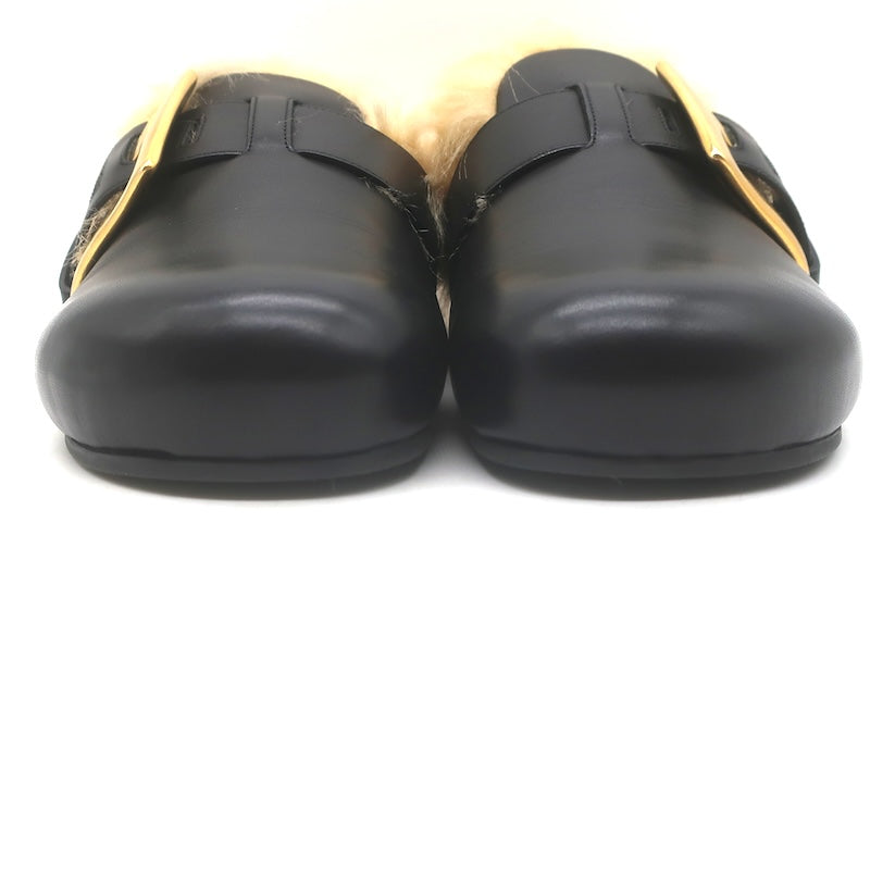 Balmain Anthem Faux Fur-Lined Buckle Mules Black Leather Size 40 NEW