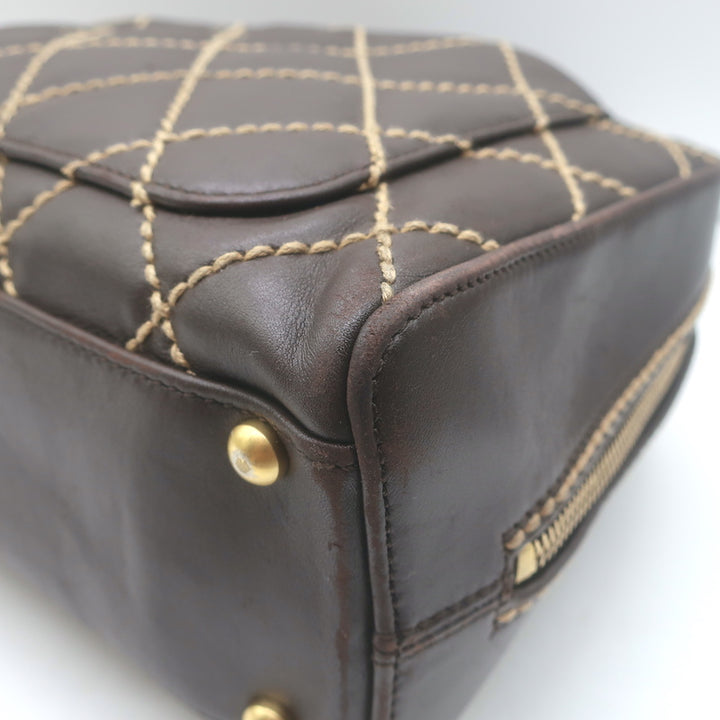 Chanel 2003 Surpique Wild Stitch Quilted Small Tote Bag Dark Brown Leather