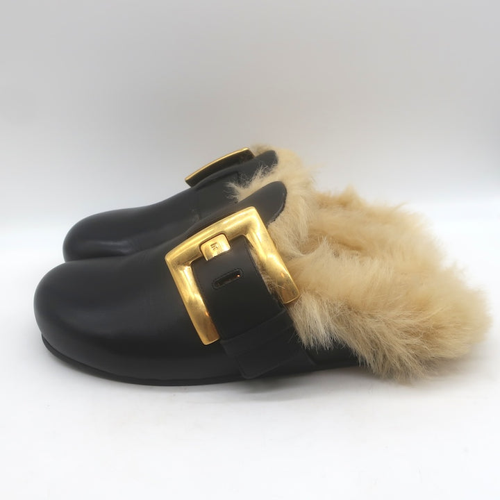 Balmain Anthem Faux Fur-Lined Buckle Mules Black Leather Size 40 NEW