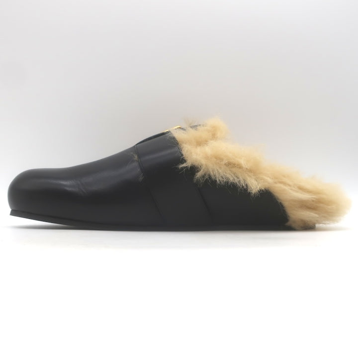 Balmain Anthem Faux Fur-Lined Buckle Mules Black Leather Size 40 NEW