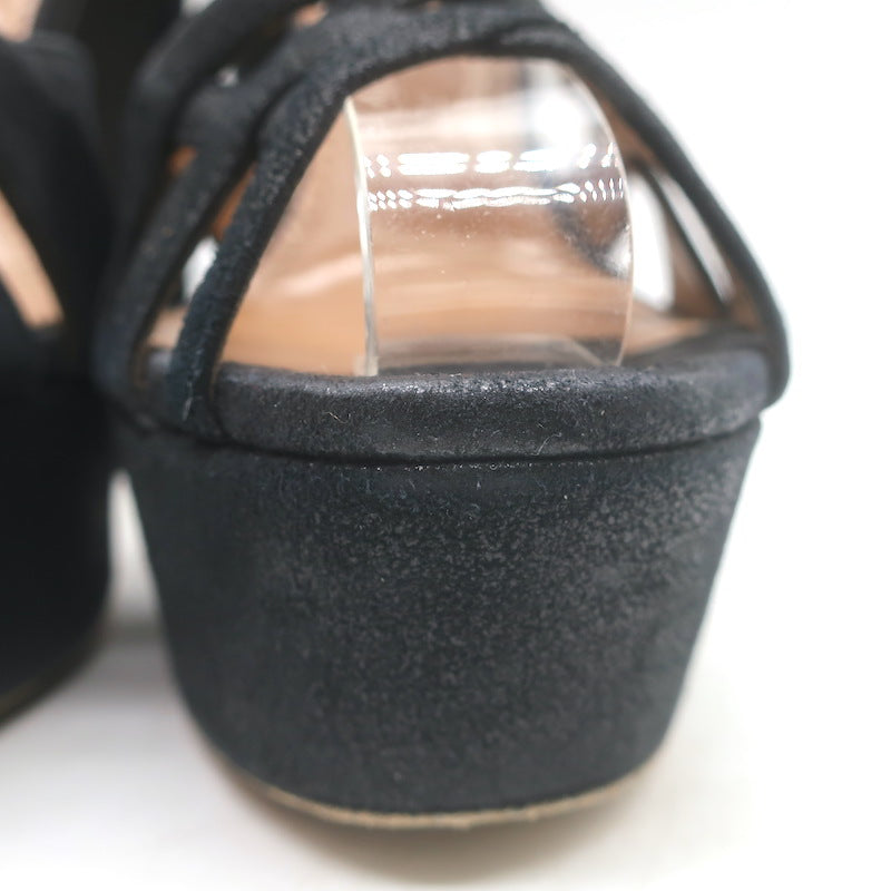 Aquazzura Luna Platform Ankle Strap Sandals Black Shimmer Suede Size 37.5