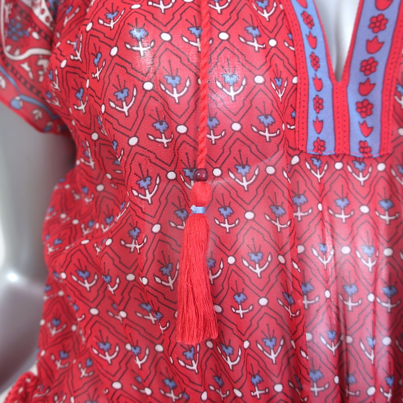 Ulla Johnson Neela Tassel-Tie Midi Dress Red Printed Chiffon Size 6