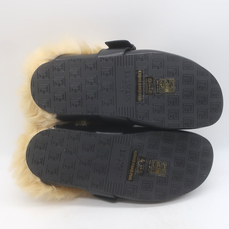 Balmain Anthem Faux Fur-Lined Buckle Mules Black Leather Size 40 NEW