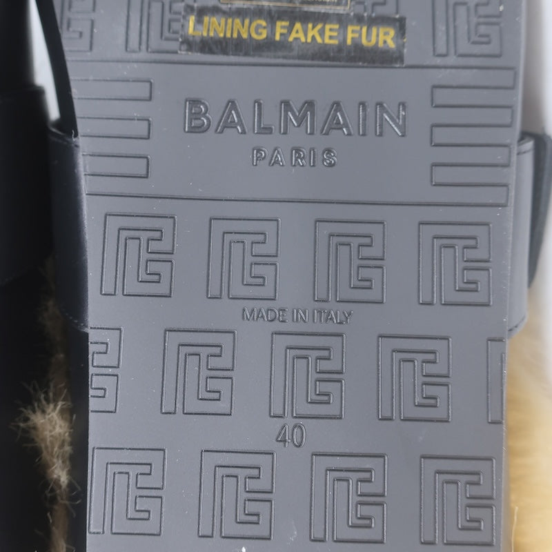 Balmain Anthem Faux Fur-Lined Buckle Mules Black Leather Size 40 NEW