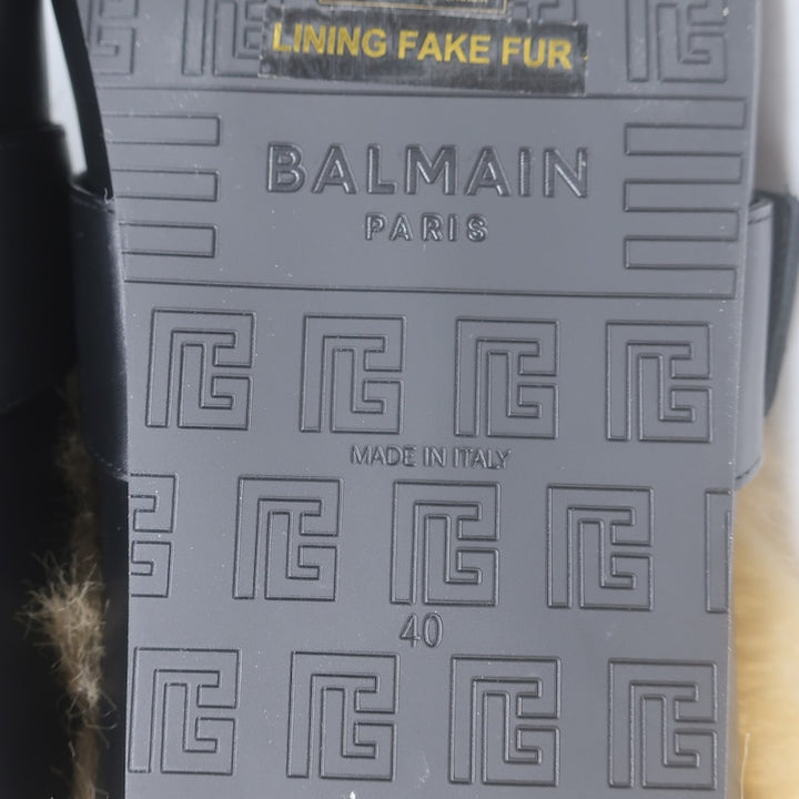 Balmain Anthem Faux Fur-Lined Buckle Mules Black Leather Size 40 NEW