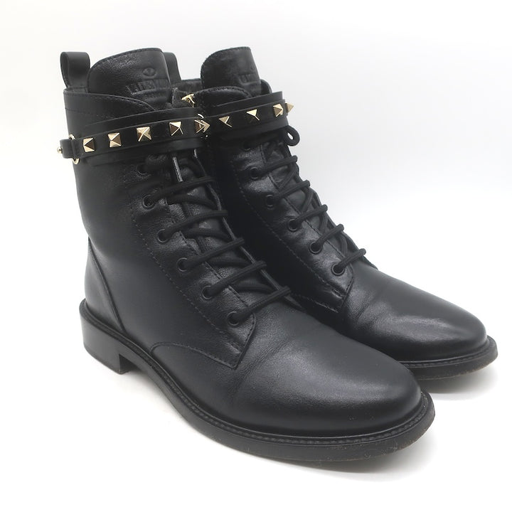 Valentino Rockstud-Strap Lace-Up Combat Boots Black Leather Size 39.5
