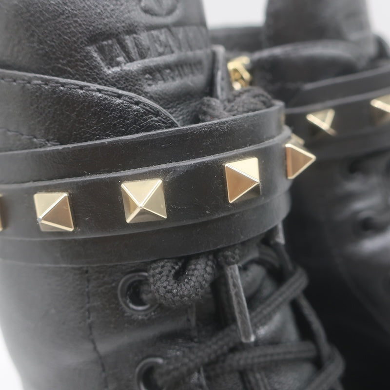 Valentino Rockstud-Strap Lace-Up Combat Boots Black Leather Size 39.5