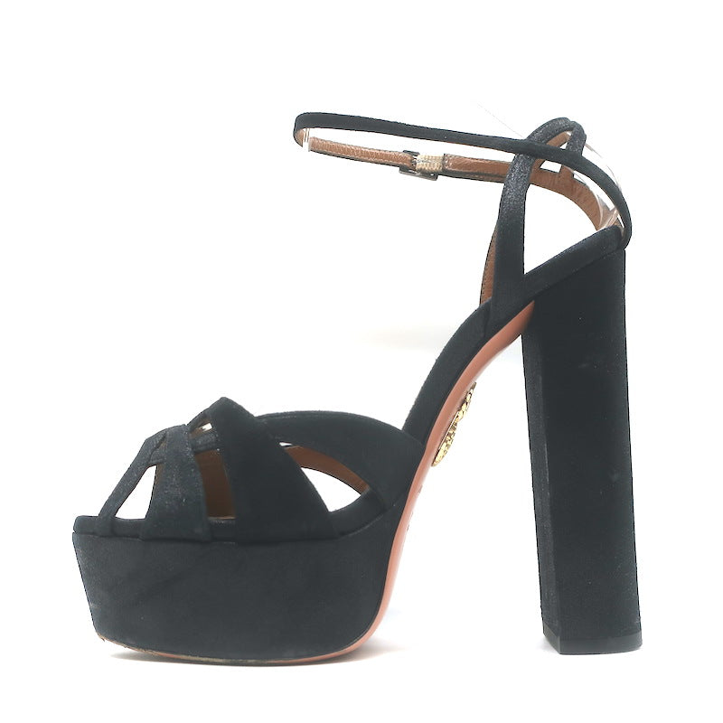 Aquazzura Luna Platform Ankle Strap Sandals Black Shimmer Suede Size 37.5