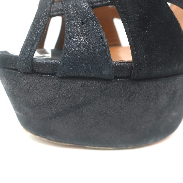 Aquazzura Luna Platform Ankle Strap Sandals Black Shimmer Suede Size 37.5