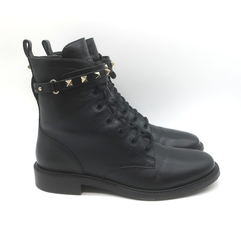 Valentino Rockstud-Strap Lace-Up Combat Boots Black Leather Size 39.5