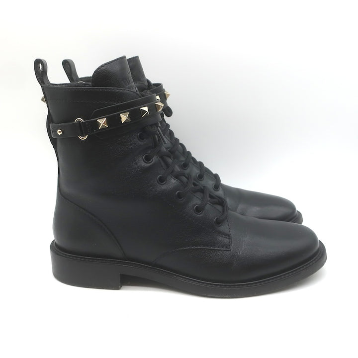 Valentino Rockstud-Strap Lace-Up Combat Boots Black Leather Size 39.5