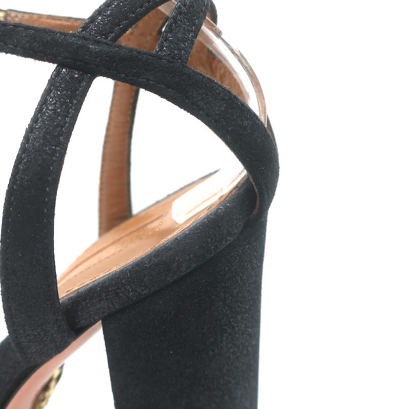 Aquazzura Luna Platform Ankle Strap Sandals Black Shimmer Suede Size 37.5