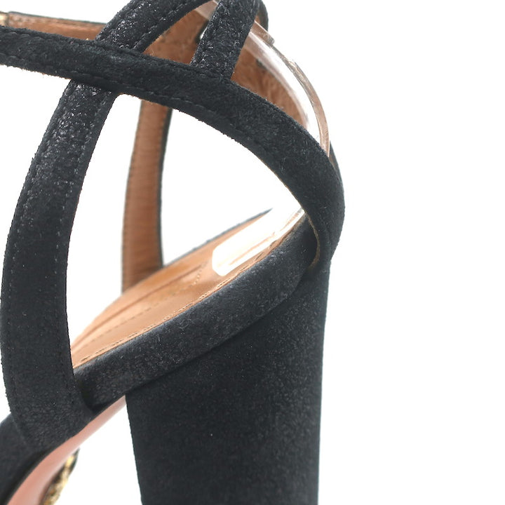 Aquazzura Luna Platform Ankle Strap Sandals Black Shimmer Suede Size 37.5