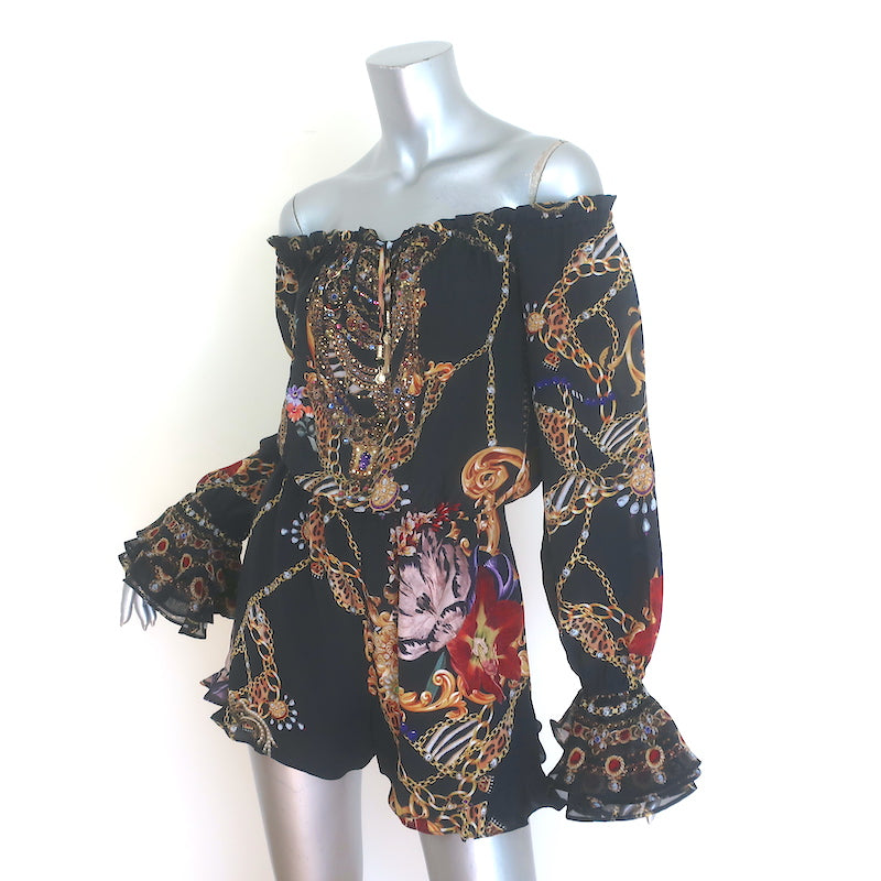 Camilla Drop Shoulder Frill Romper Black Embellished Silk Size Extra Small NEW